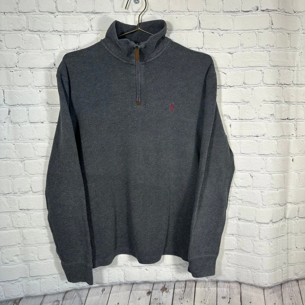 Polo Ralph Lauren Mens Quarter Zip Pullover Sweater Gray Cotton Red Pony Logo M